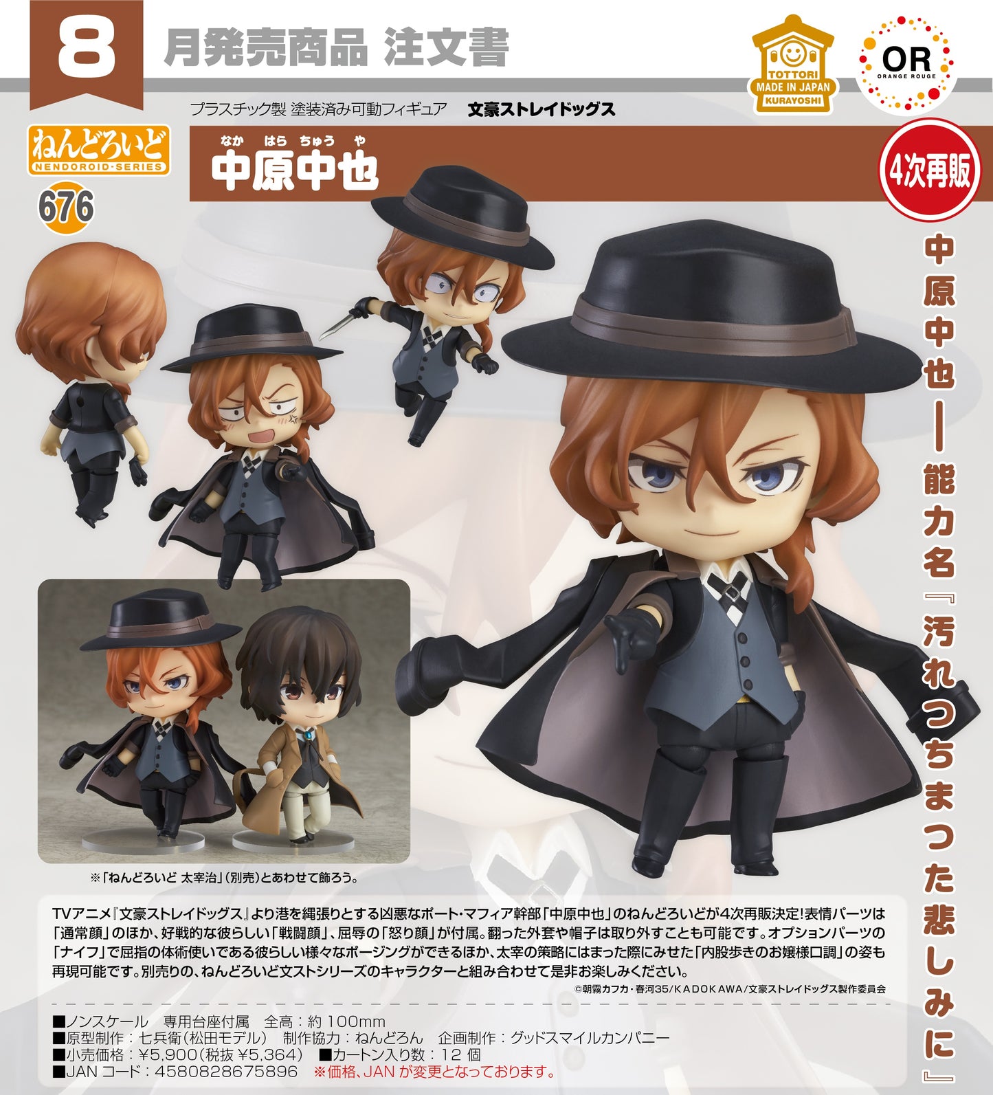 11-03-2026 ORANGE ROUGE - Nendoroid 黏土人 No.676《文豪Stray Dogs》中原中也 (再販) Y5364